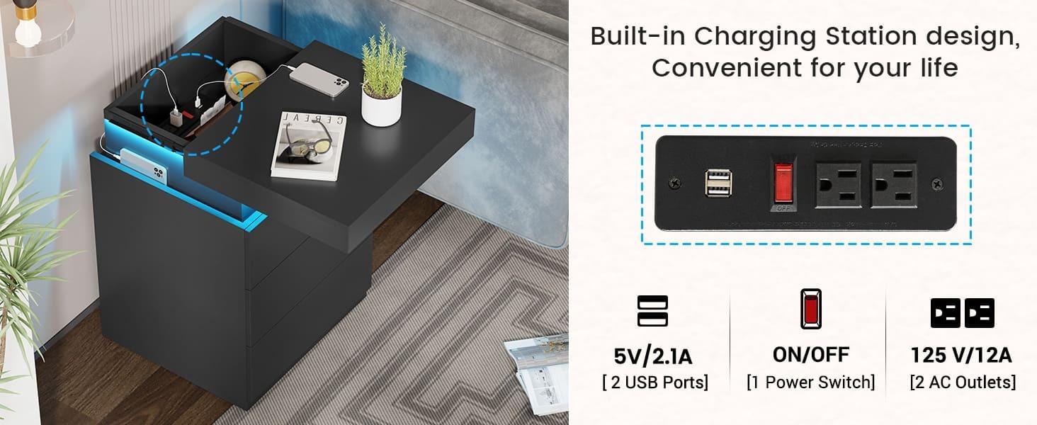 Sikaic Nightstand With Sliding Top Charging Station And LED Lights Bedside Cabinet Modern Dressing Table
