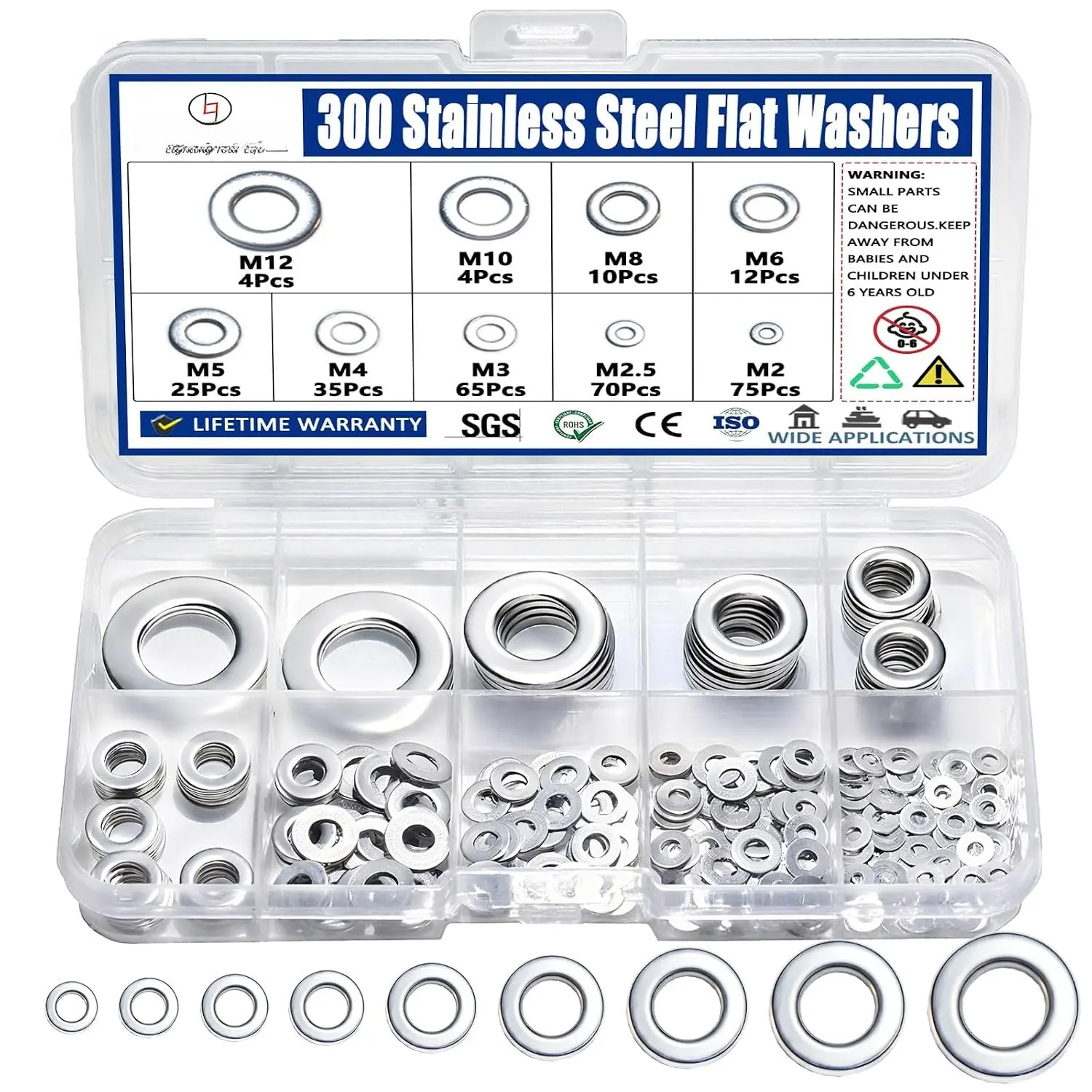 300 count Stainless Steel Flat Washers for Screws, 304 Stainless Steel,  Sizes (M2 M2.5 M3 M4 M5 M6 M8 M10 M12) for Industrial Use, Metal Washers for Screws and