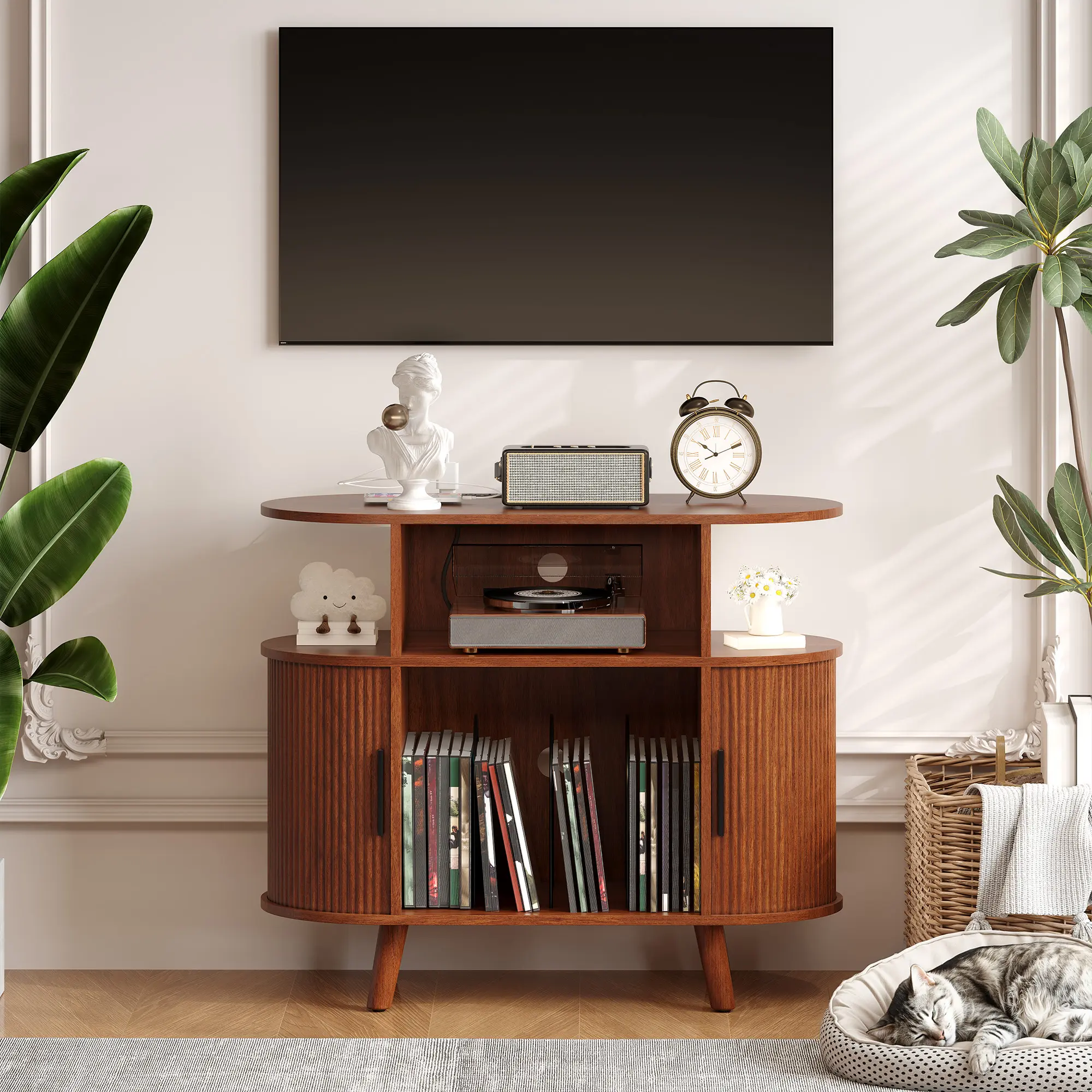 Mid Century Record Player Stand with Charging Station, Round Wooden Turntable Stand & Vinyl Record Storage Cabinet with Open Shelves