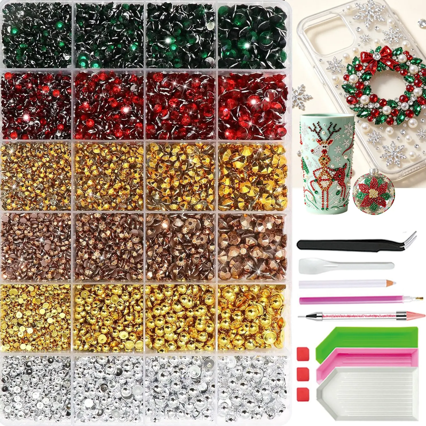 24 Grid 9000 Christmas Nail Rhinestones Set, Resin Flat Backs, Silver Pearls, Includes Tools, DIY Decoration
