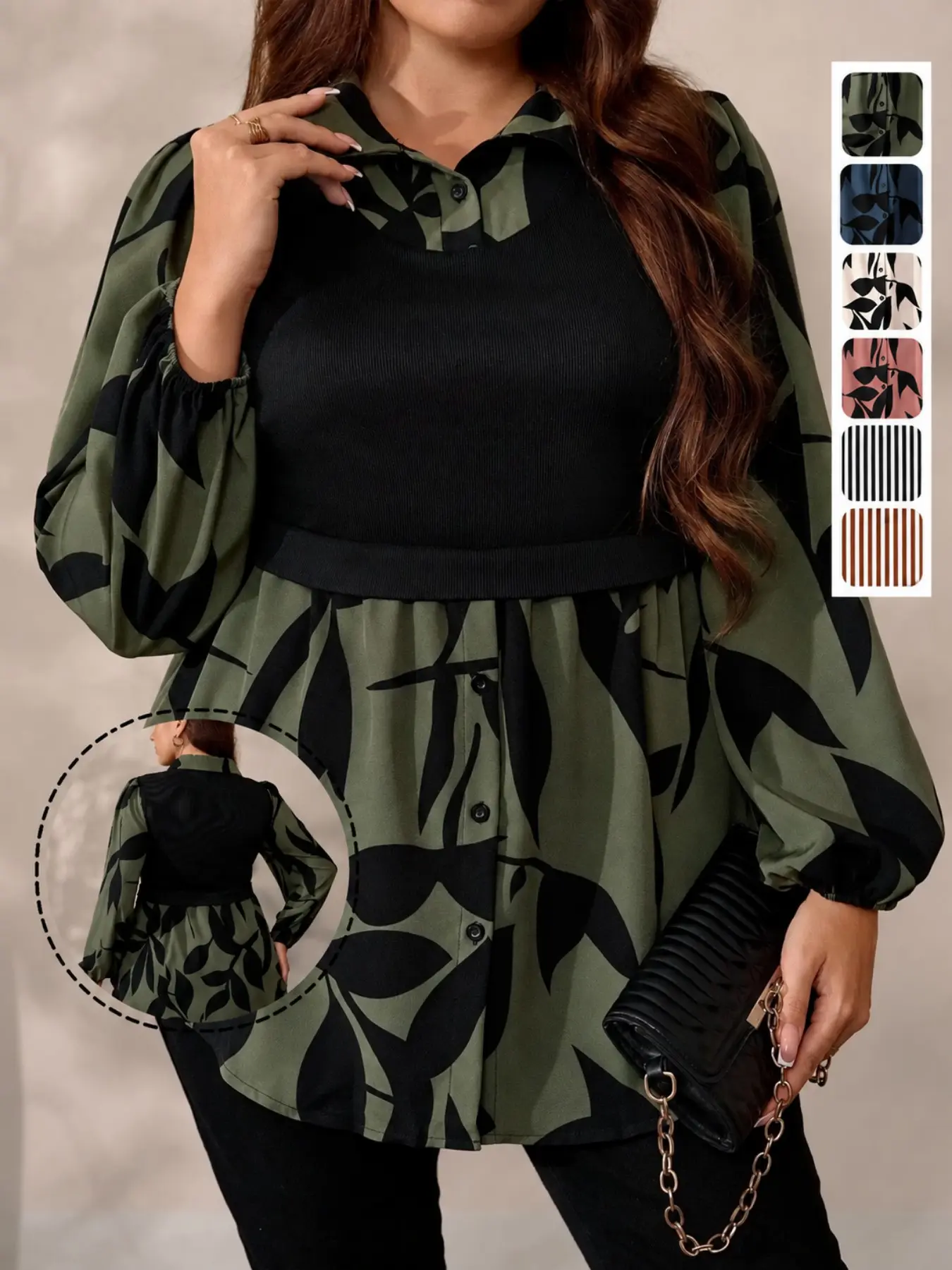 Plus Size Floral Leaf Print Two-In-One Top, Casual Long Sleeve Bishop Sleeves, Fashionable Fall/winter Women's Clothing Blouse