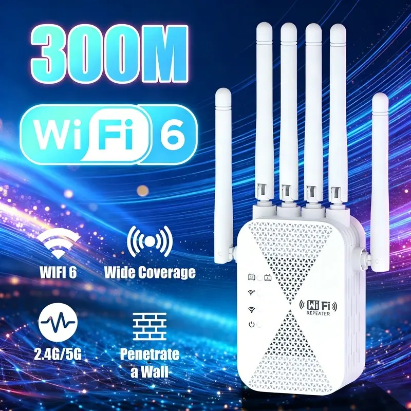 Wi-Fi 6 Signal Booster and Mesh Network Extender - Dual-band 2.4GHz/5GHz, 6-Antenna High-Speed System, One-Click Setup, Whole-Home Coverage, Compatible with Smart TVs, Game Consoles, Smartphones, Tablets, and Smart Home