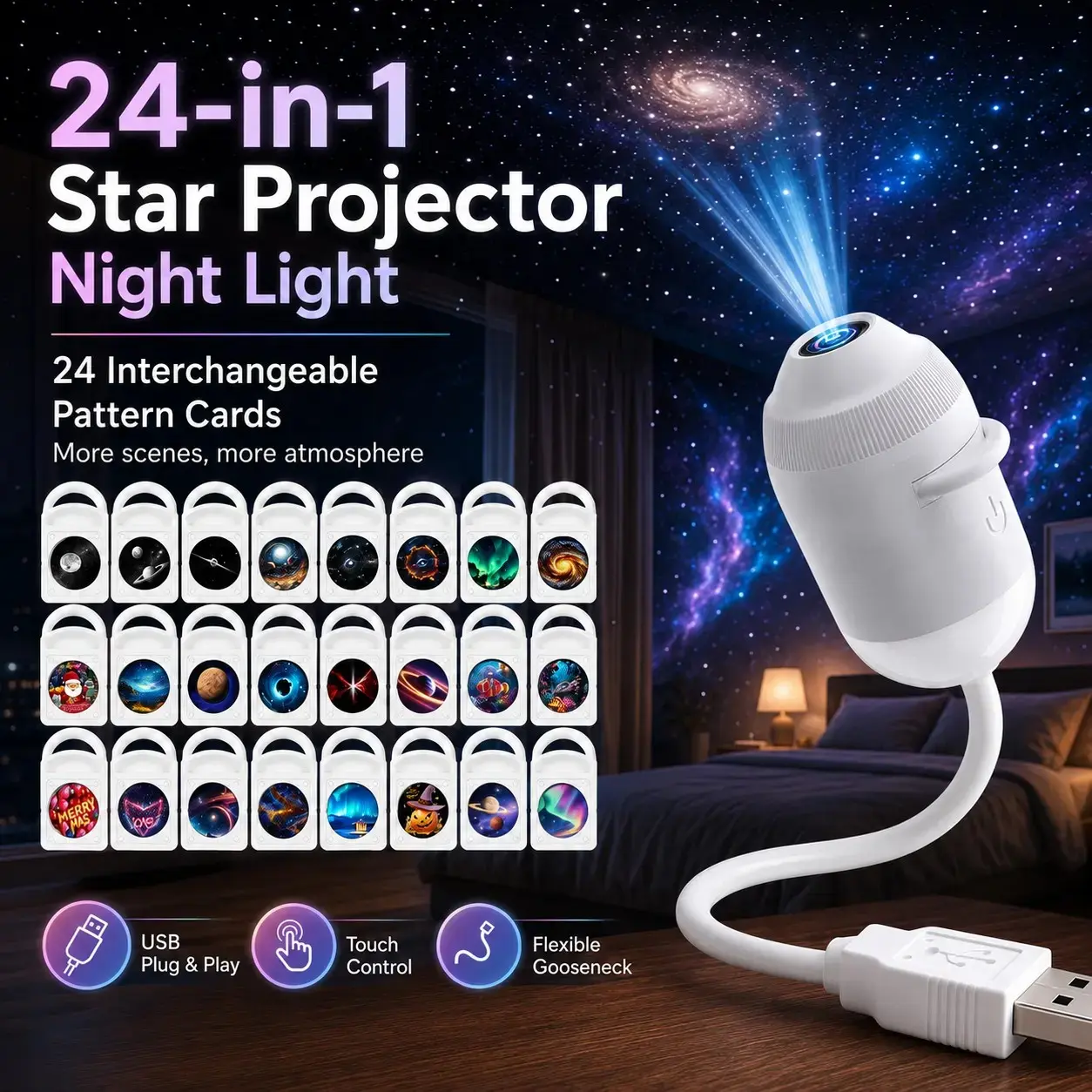 USB Starry Night Light, Galaxy Projector Lamp, Touch Control, Adjustable Neck, Plug & Play, Ideal for Bedroom, Living Room, Car, Christmas Gift