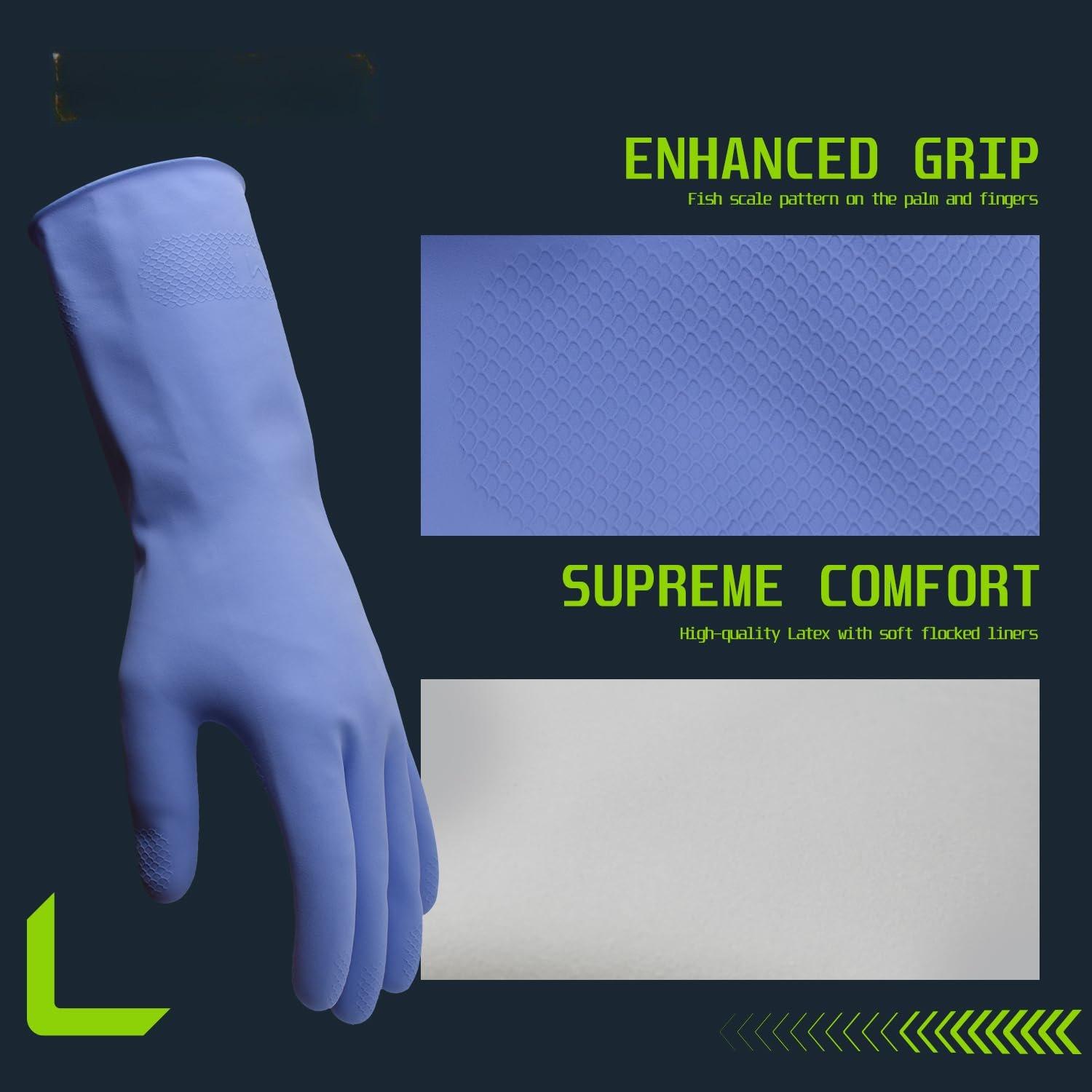 Rubber chen Cleaning Gloves,  Dishwashing Gloves, Non-Slip, with Flocked Liner, 3 Pairs (+Yellow+Blue) (Medium)