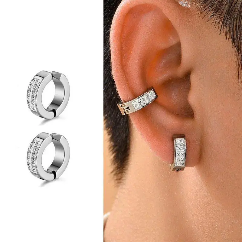 2Pcs Stainless Steel Magnetic Non Piercing Inlaid Cubic Zirconia Stud Earrings Clip on Hoop Earrings Ear Stud for Men Women