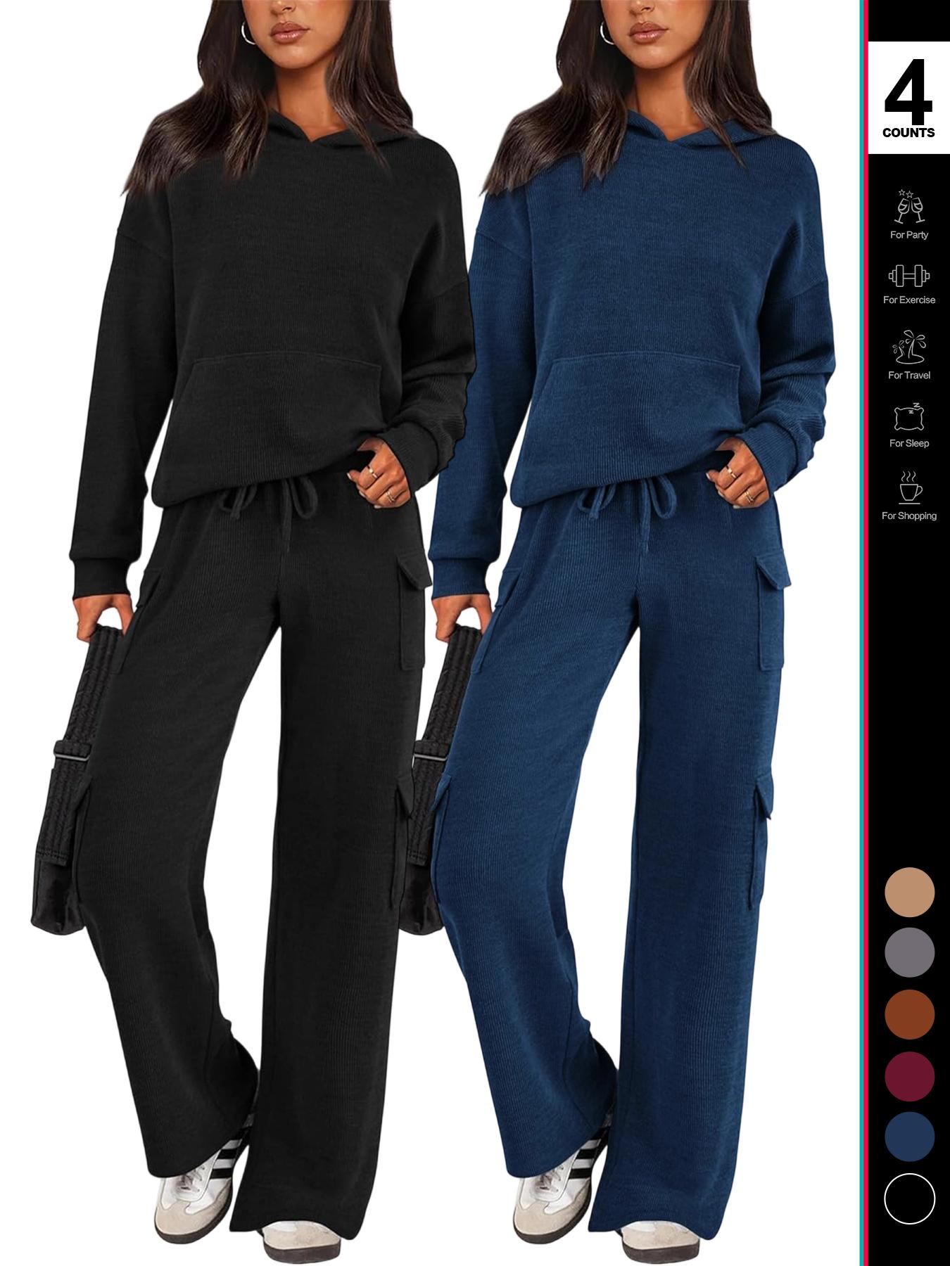 2026 Womens Fall Outfit 2-Piece Knitted SetsHoodie Tracksuits Wide Leg Pants With Pocket AndDrawString Long Sleeve Hooded Kangoroo Pocket TopsKnitwear Sporty Casual Loungwear, Womenswear Travel Outfit