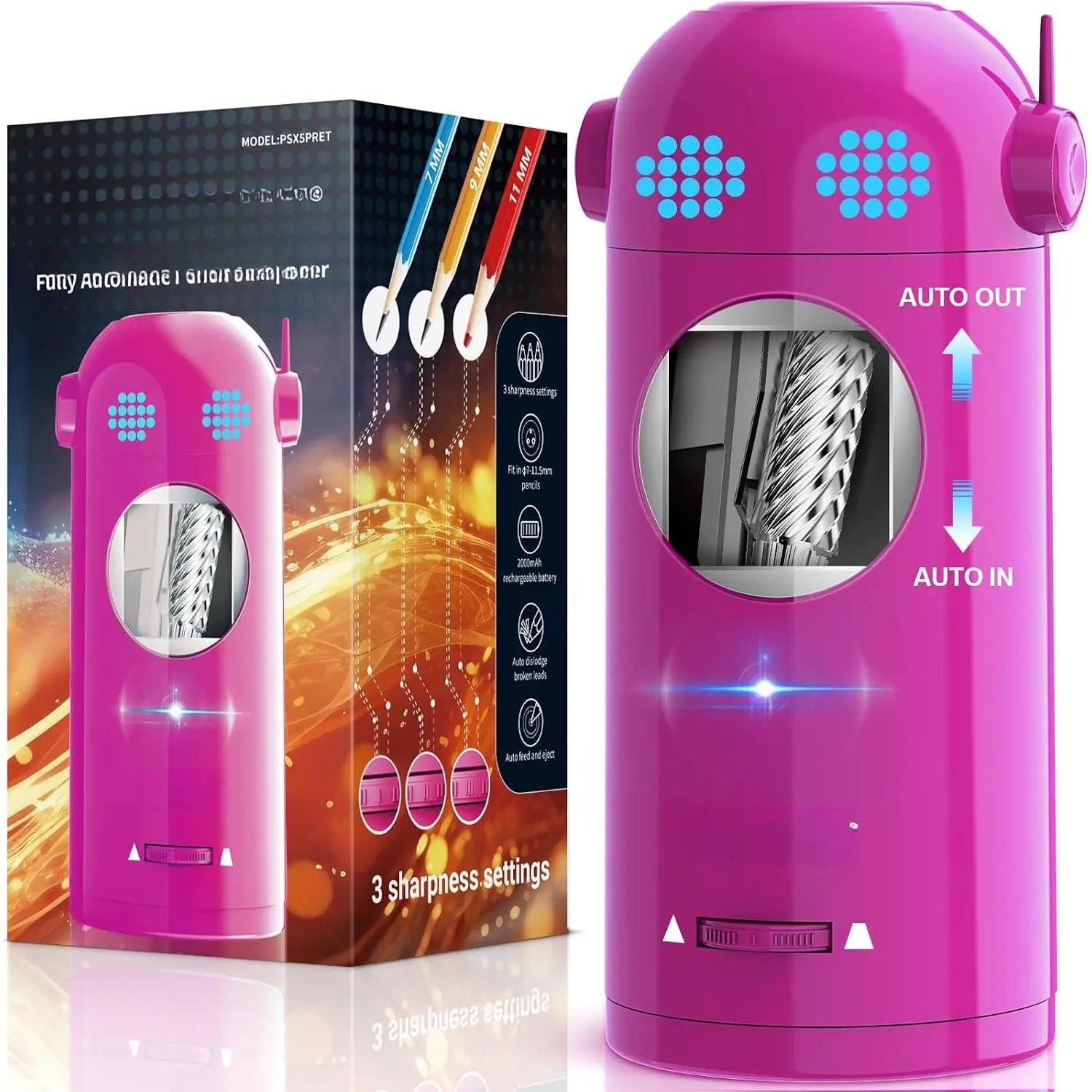 Electric Pencil Sharpener, Fully Automatic Colored Pencil Sharpener for 7-11.5mm Pencils, Auto in & Out, Robot Pencil Sharpeners for , Rechargeable Hands-Free with Dotted Eyes, PSX5ET,