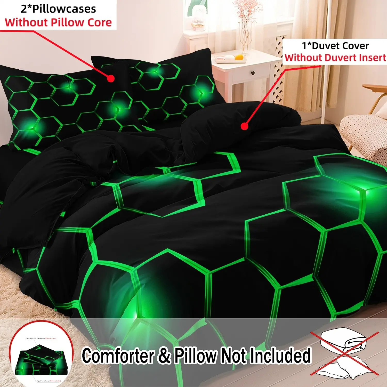 3Pcs Red and Blue Black Geometric Honeycomb Pattern 3D Printed Glow Dark Decorative Duvet Cover Set - Soft Comfortable Machine Washable Duvet Bedding Set For Bedroom, Guest Room Comfy Bed Sets - 1*Duvet Cover + 2*Pillowcases (No Comforter)