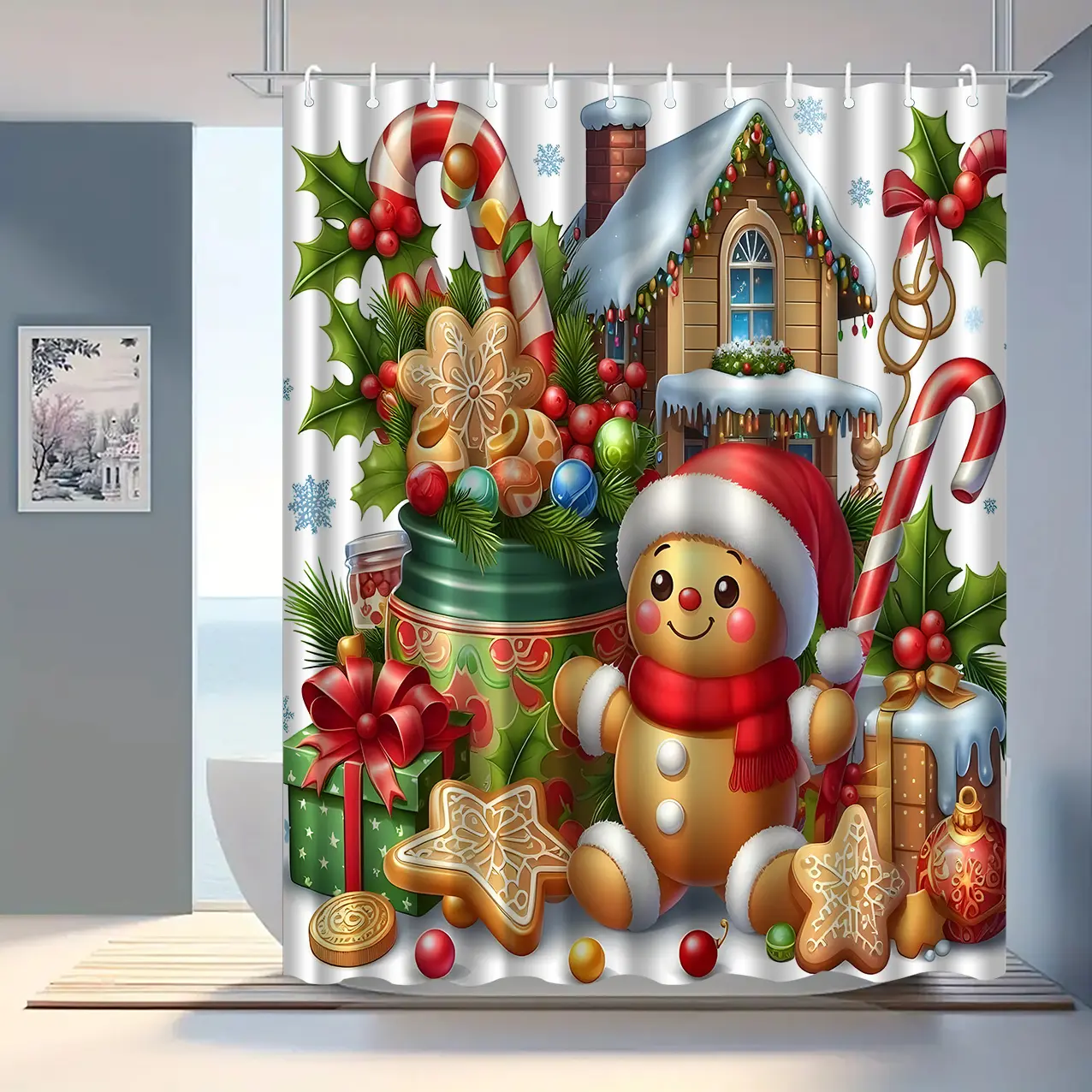 Christmas Gingerbread Man Shower Curtain with Hooks, Festive Holiday Bathroom Partition Window Decor Accent