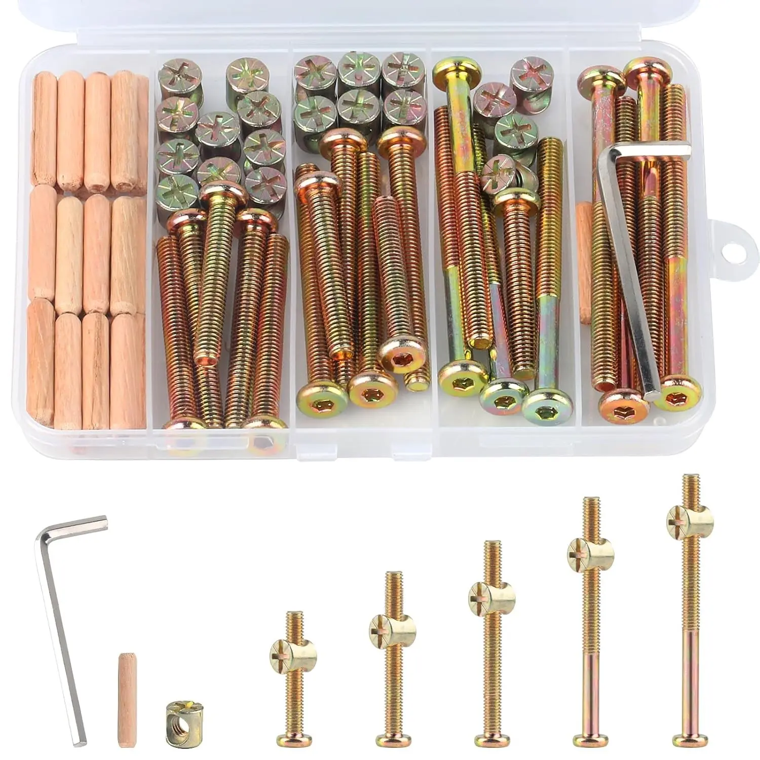 M6x40/50/60/70/80mm Crib Screws Assortment 20 Set - Hex Socket Head Cap Screws, Barrel Nuts, Wooden Dowels & Bolts for Wooden Bed Headboards Furniture Hardware KitGift