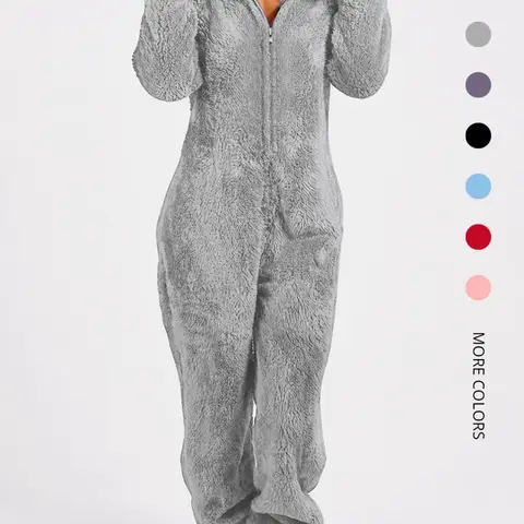 Women's Solid Zipper Hooded Plush Pajama Jumpsuit, Casual Long Sleeve Teddy Bear Ear Design Jumpsuit for Fall & Winter, Women's Sleepwear for Indoor Wear, Fluffy Lady Pajamas, Loungewear Nightwear, Homewear, Pjs, Pajama Onesies