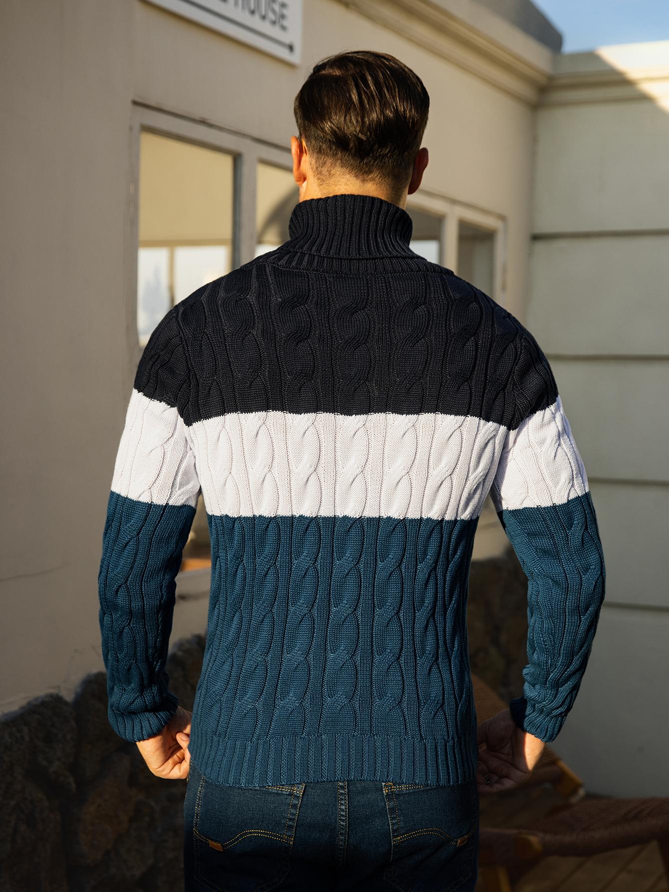 HYPESTFIT Men's Ink Blue Contrast Knit Sweater with Geometric Pattern Large Lapel Collar Long Sleeve Pullover for Fall Winter Layering Casual Menswear 100% Polyester Slight Stretch