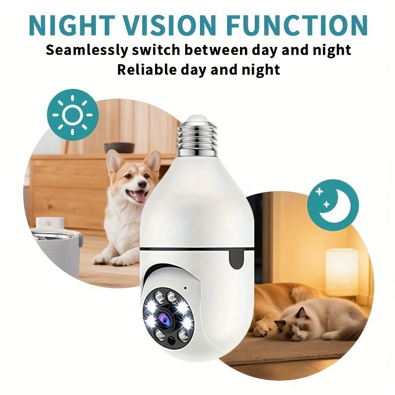 Light Bulb Security Camera, 360° Pan/Tilt WiFi Home Surveillance Cam with Full Color Night Vision, Two-Way Audio, Motion Detection, Waterproof for Indoor Outdoor E27 Socket