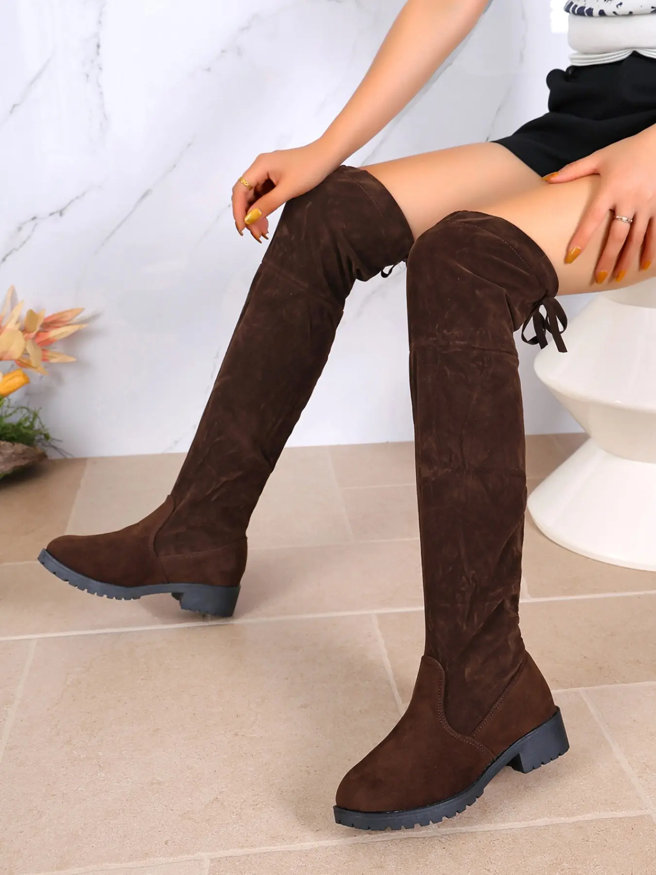 Women's Over-The-Knee Boots, Vintage Round Toe Low Heel, Comfortable Drawstring Tie Boots, Perfect for Fall Winter Fashion
