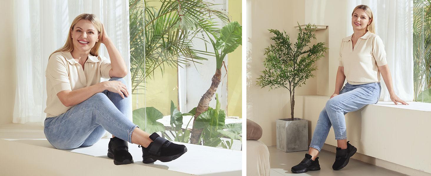 Ortho+rest Women Accommodating to Diabetic-Friendly Shoes with Adjustable Closure Walking Shoes Edema Shoes Suitable for Swollen Feet Sneaker Girl Runner Black Springtok Training