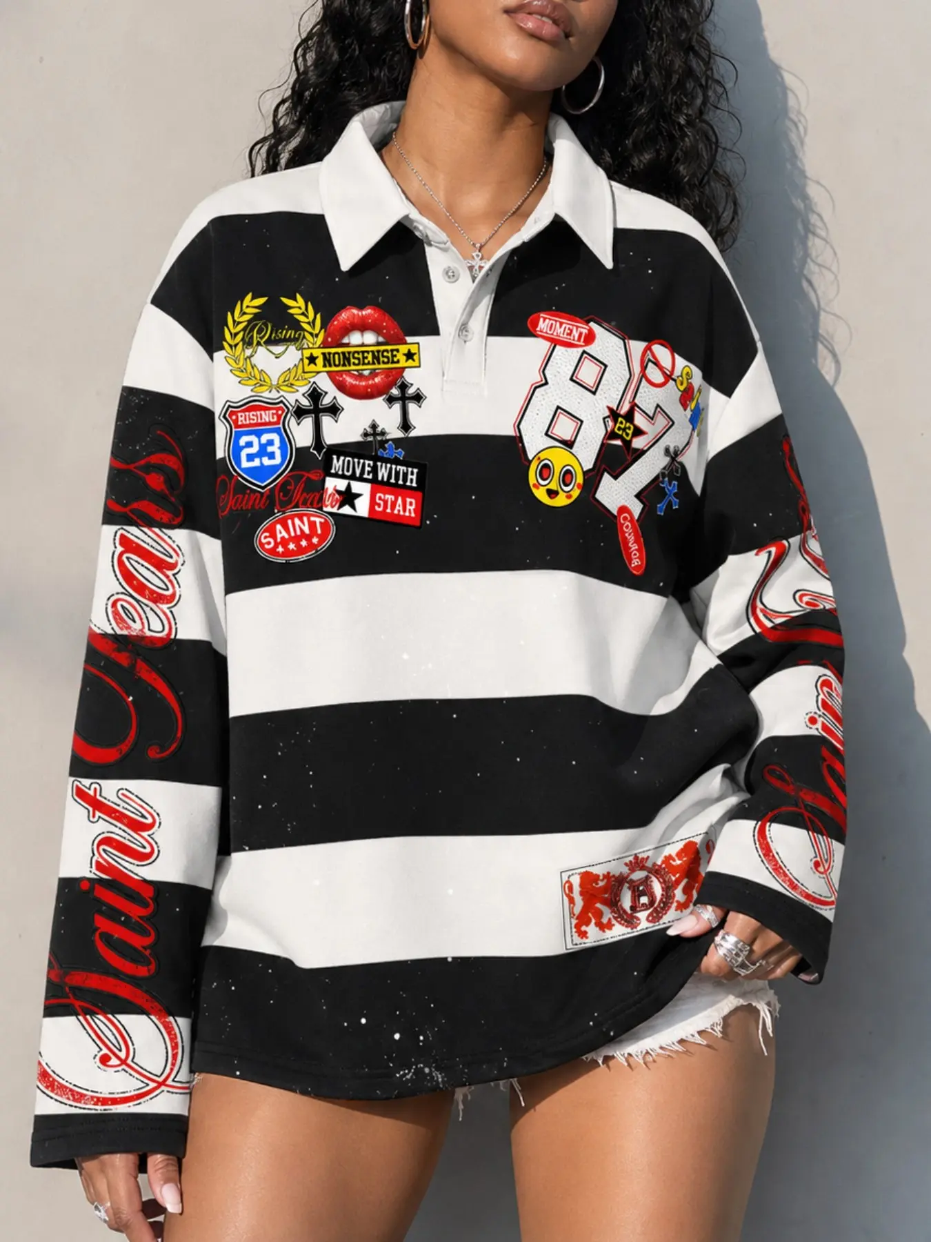 Y2K Millennial Women's Striped Long Sleeve Printed Polo Shirt, Vintage Graffiti Patch Loose Streetwear Top, All Seasons Geometric Pattern