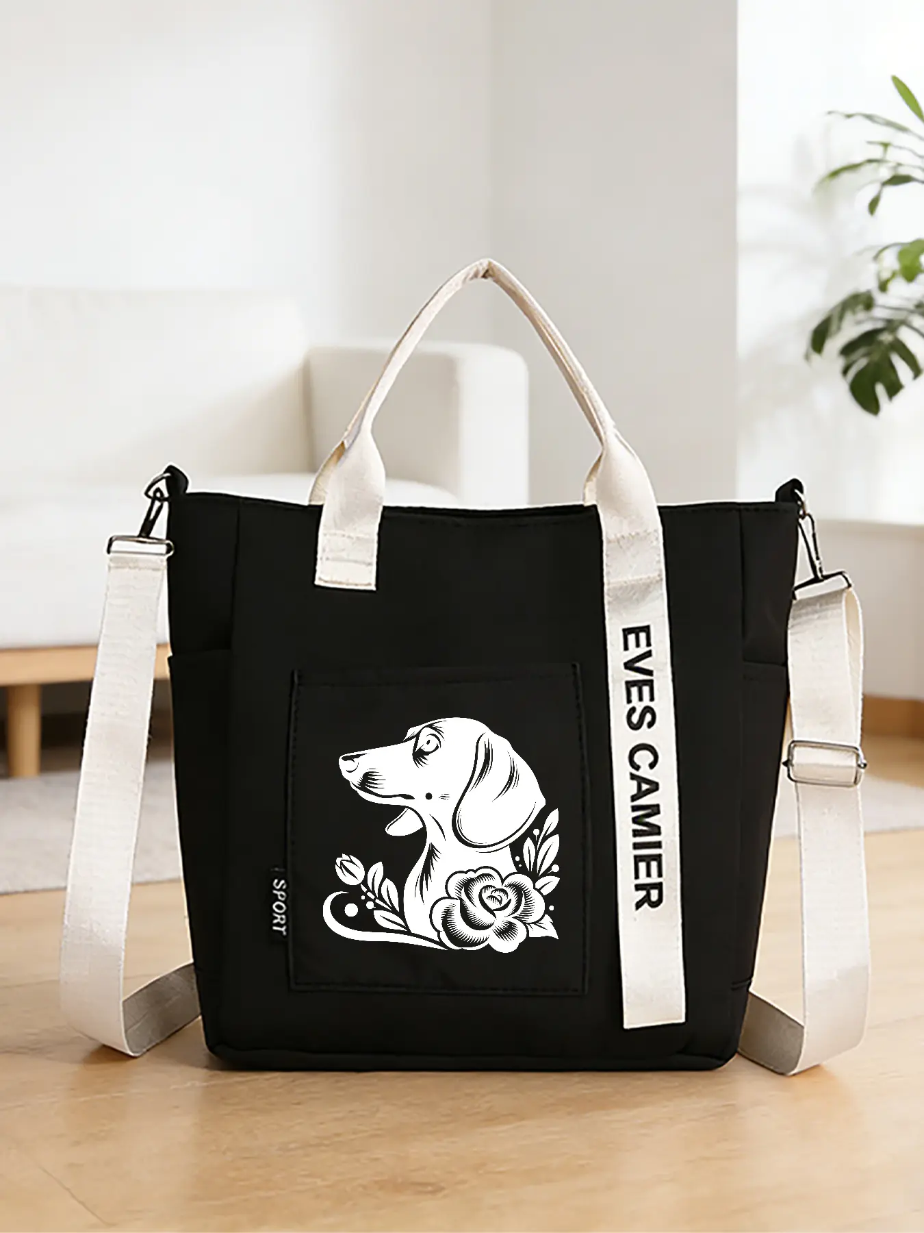 Dachshund Flower Pattern Crossbody Bag, Casual Shoulder Bag, Hand-held Shopping Tote, Convertible Hand-held and Crossbody Style. Suitable for Daily Shopping and Commuting, Equipped with Adjustable Shoulder Strap, Trendy Fashion Item, An Ideal Gift.