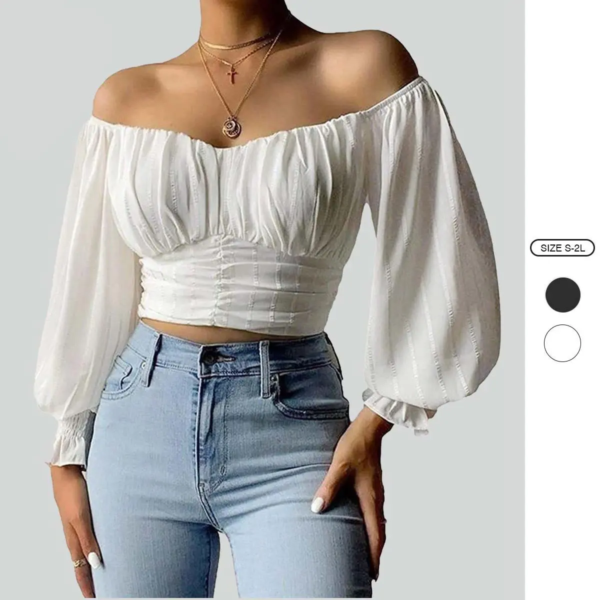 Imily Bela Womens Elegant Off The Shoulder Puff Sleeve Blouse Summer Chiffon Slim Fit Party Crop Top