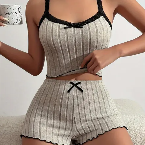 Women's Striped Pajama Set, Comfortable Casual Home Wear, Loungewear, Sleeveless Top & Shorts, Ladies Sleepwear for All Seasons, Elegant, Shorts Sleepwear Sets