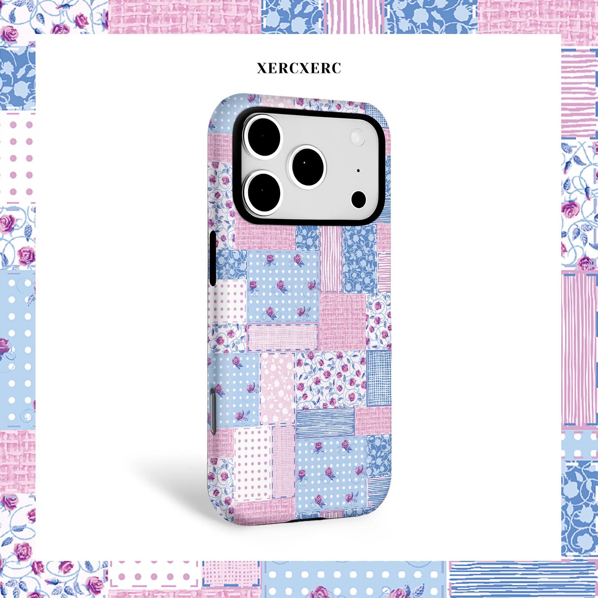 Patchwork Floral Pink Blue Polka Dot Stripes Phone Case, 2 - in - 1 PC Hard + TPU Soft (Matte/Glossy) Cover Phone, Matching Phone Cases as Gift, Funda Para Phone Case for iPhone 11 12 13 14 15 16 16e 17 Pro ProMax Air,Galaxy S26 S25 A56 A55 A17 A16