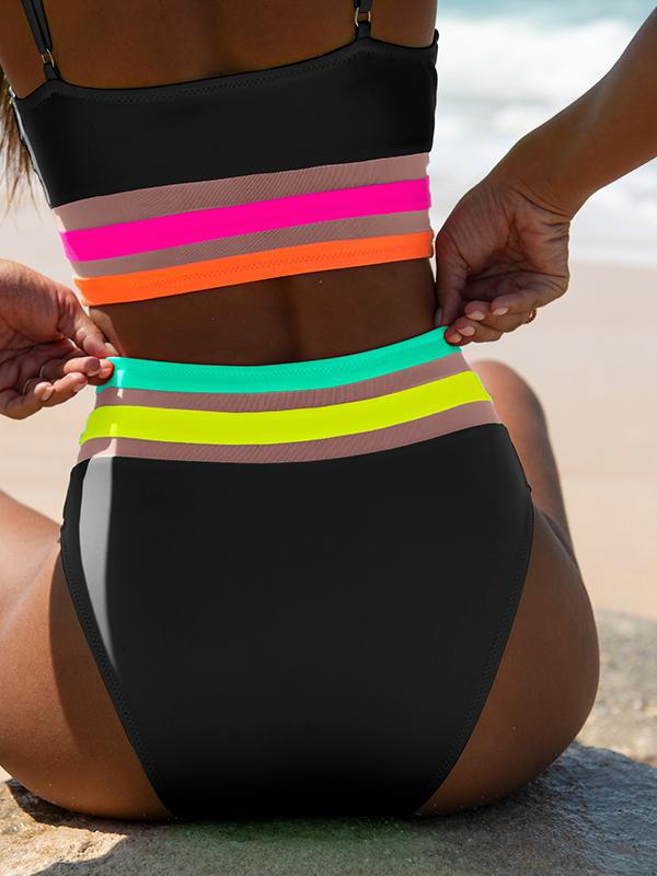 Popvil Bralete Mesh Patchwork Neon Bikini Set Sporty Tummy Control High Waisted Swimsuit for Women,Neon Bikini,dealsforyoudays