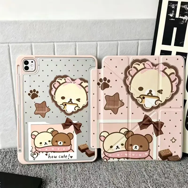 Cute Bear iPad Case with Pen Slot, Transparent Cartoon Design, Fits iPad 10 Gen, iPad 9/8/7 Gen, iPad Air 5/4, iPad Pro 11 Inch, Tablet Casing, Tablet Accessories, Tablet Cover, iPad Covers,techvibes