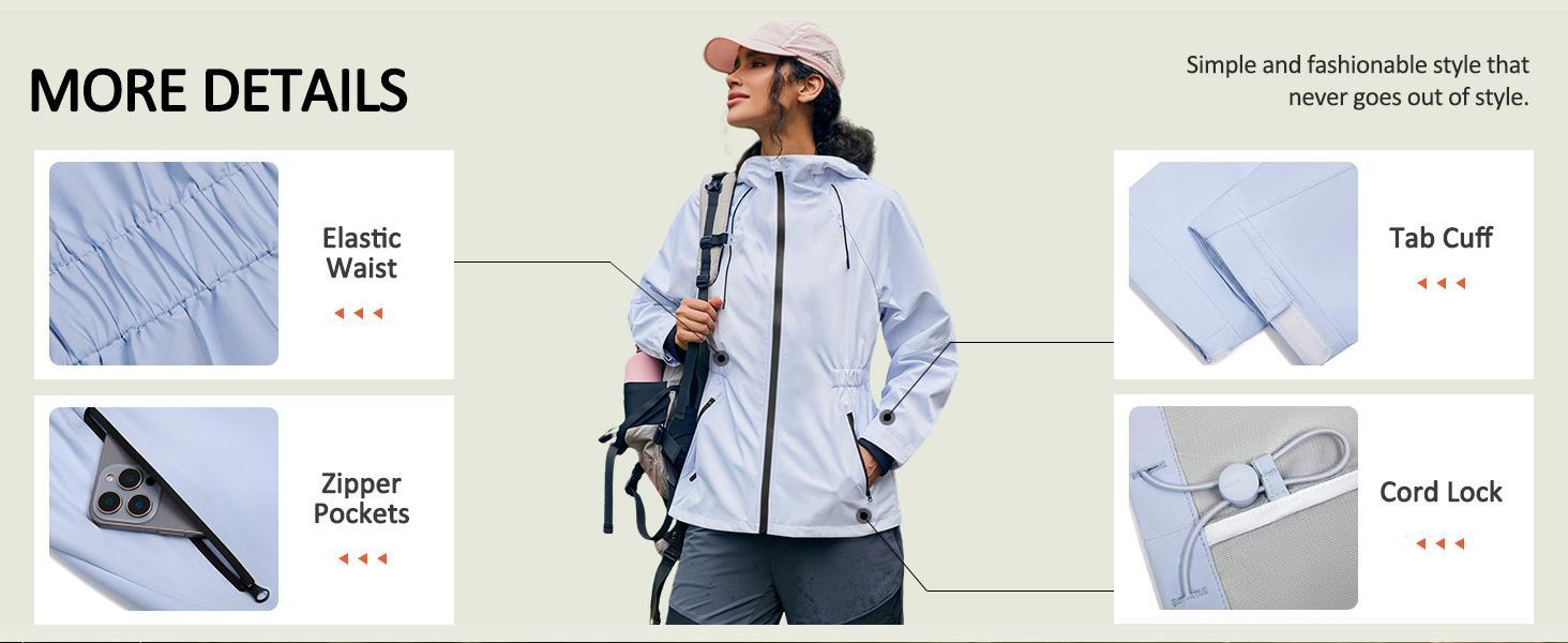 Women's Athletic Hooded Windbreaker Clothes - Lightweight Waterproof Solid Long-Sleeve Outdoors Top with Large Zippered Pockets, Windproof Zipper for Hiking, Daily Commuting