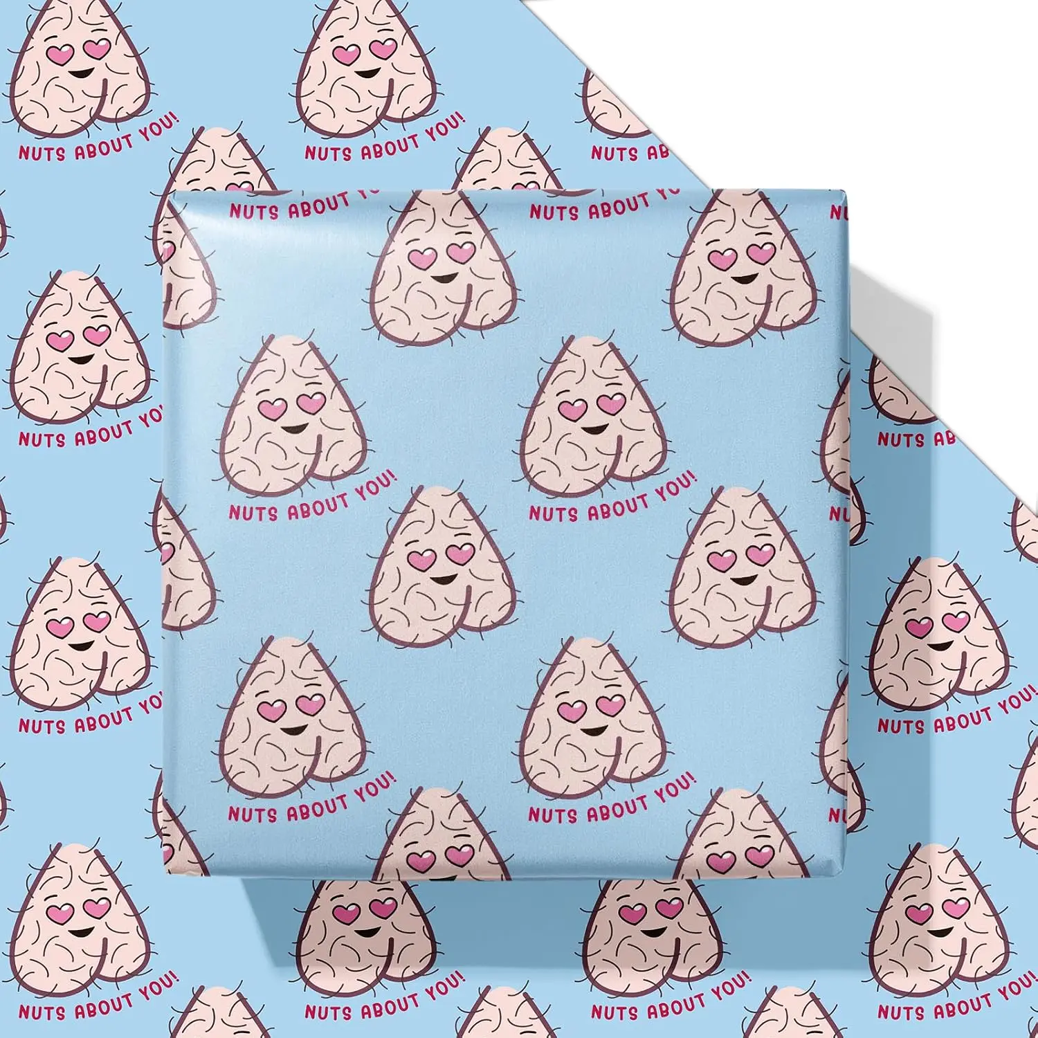 Modern Limited Edition Funny Wrapping Gift Paper, Nuts About You Blue Flat Sheets for Adults - 20x28 in (6 Sheets) for Birthday, Holiday