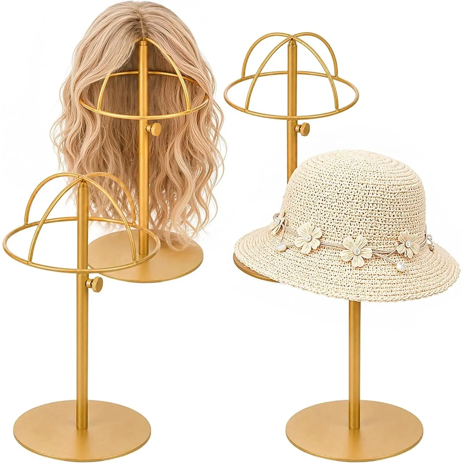4PCS Metal Hat Display Stand, Adjustable Cap Rack for Retail Stores, Showcases or Home Space-Saving Organizer for Baseball Caps and Visors Rustproof Finish (4P-Gold, Wire Style)