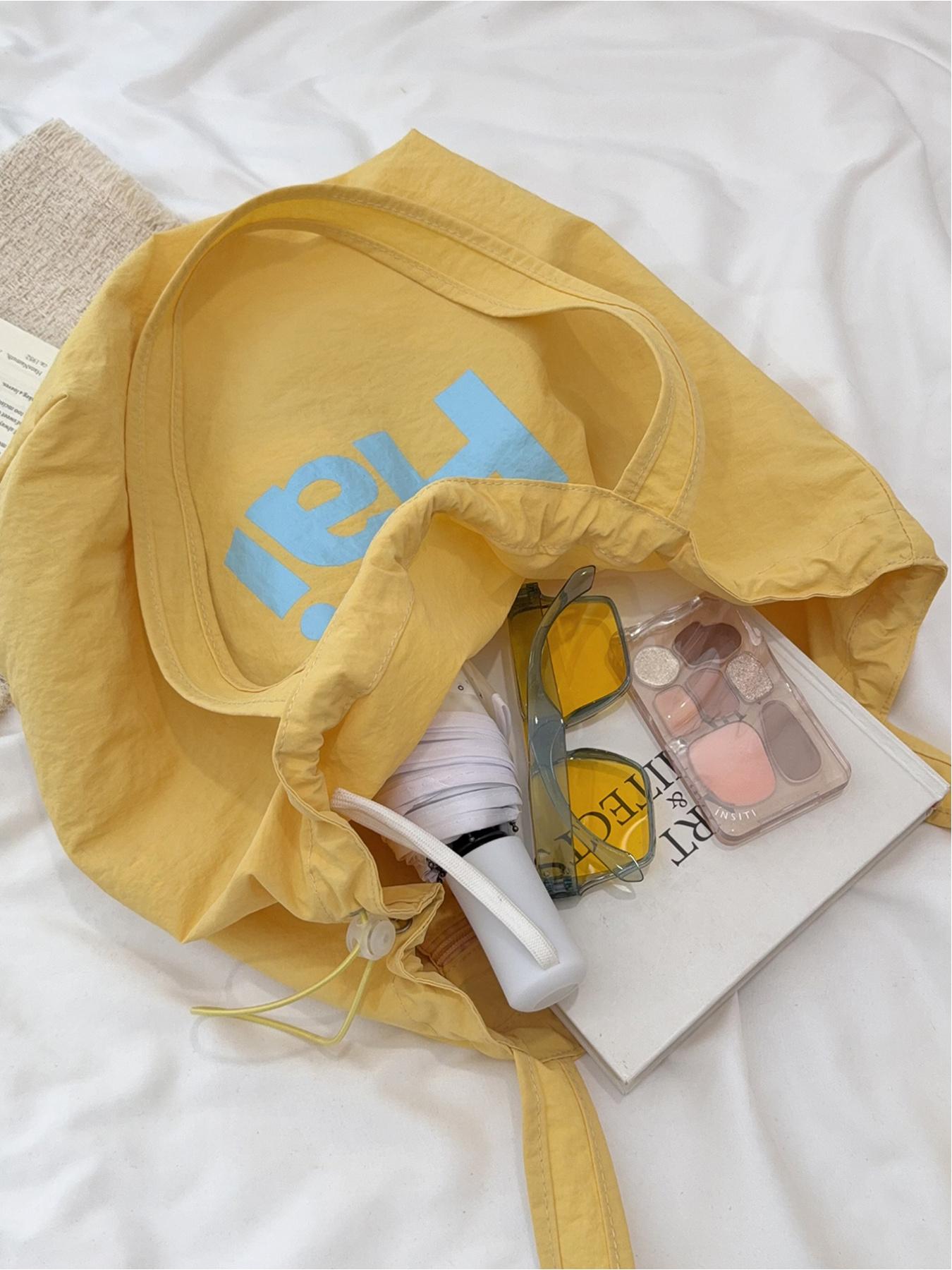 Large capacity drawstring tote bag with letters, simple casual shoulder bag, lightweight and comfortable, street style, work, shopping, underarm bag