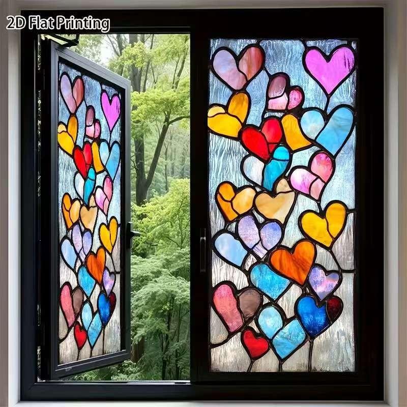 Vibrant Colored Glass Heart Window Sticker, Static Adhesive Frosted Privacy Film, Easy Install Removable PVC Decor, Ideal for Bathroom, Office, Windows