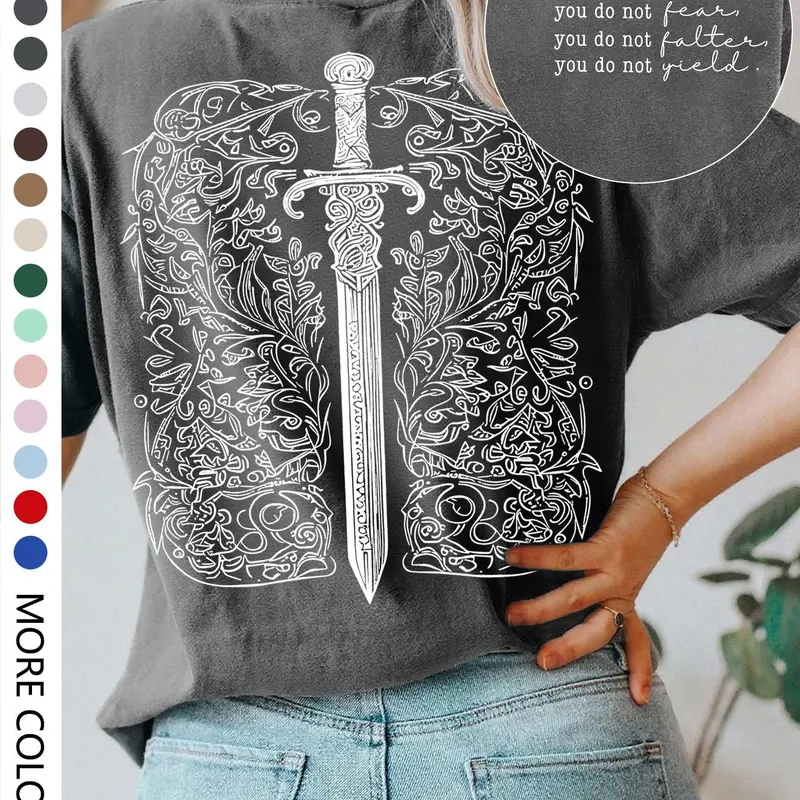 Women's Sword & Letter Print Round Neck Tee, Casual Short Sleeve Lightweight T-shirt for Daily Wear, Ladies Sleepwear for Spring & Fall Top, Womenswear Fashion, Graphic Shirt