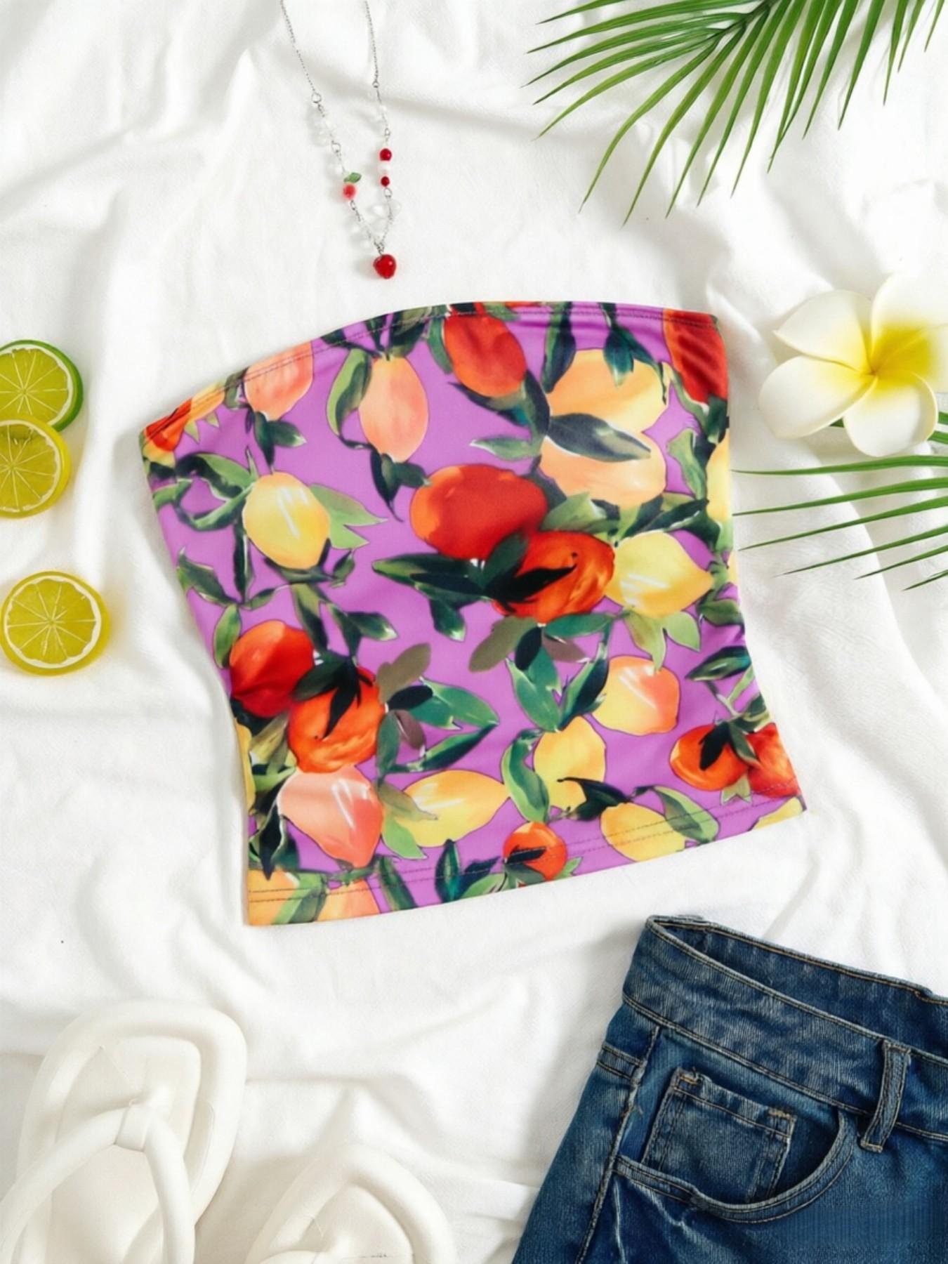 Three-Piece Summer Women's Fruit Print Strapless Short Top, Sexy Off-Shoulder Short Top, Vintage Lemon Peach Pattern Slim Fit Tube Top
