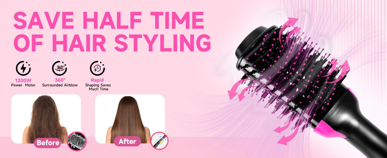 4-in-1 Hair Dryer Brush - Ionic Ceramic Titanium Brush Blow Dryer Hot Air Styler for Frizz-Free Blowouts, Salon Volumizer & Straightener with ALCI Safety Plug, 3 Heat Settings