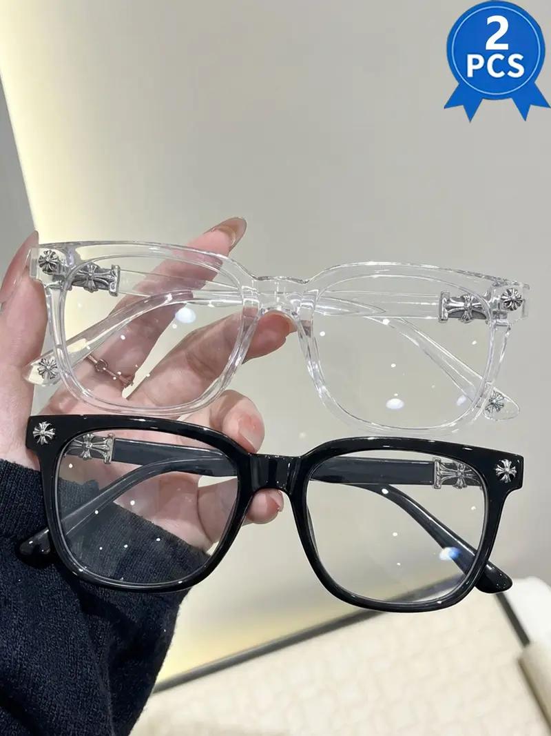 2 PCS Fashion Square Frame Blue Light Glasses, Cross Flower Rivet Design, Ultra-Light Frame, Retro Street Style, Unisex Computer Phone Eyeglasses, Fashionable Frames Glasses