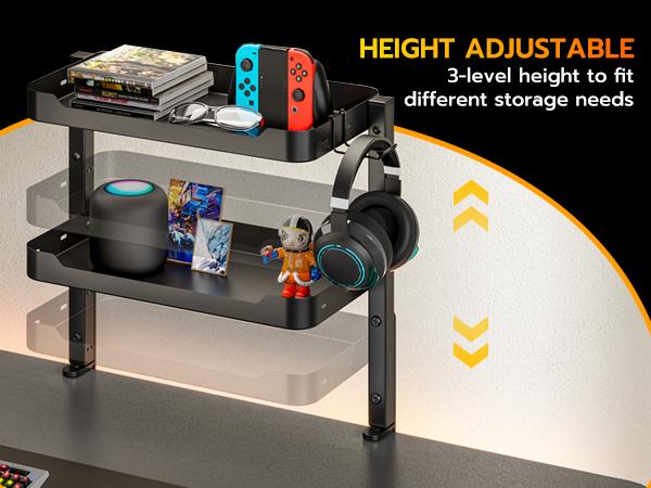 ARES WING 2-Tier Clamp On Desk Shelf, 16 inch Adjustable Above or Under Desk Storage Shelves Holds 44 lbs, Heavy Duty Desktop Organizer with Headphone Holder for Working and Gaming Accessories, Black