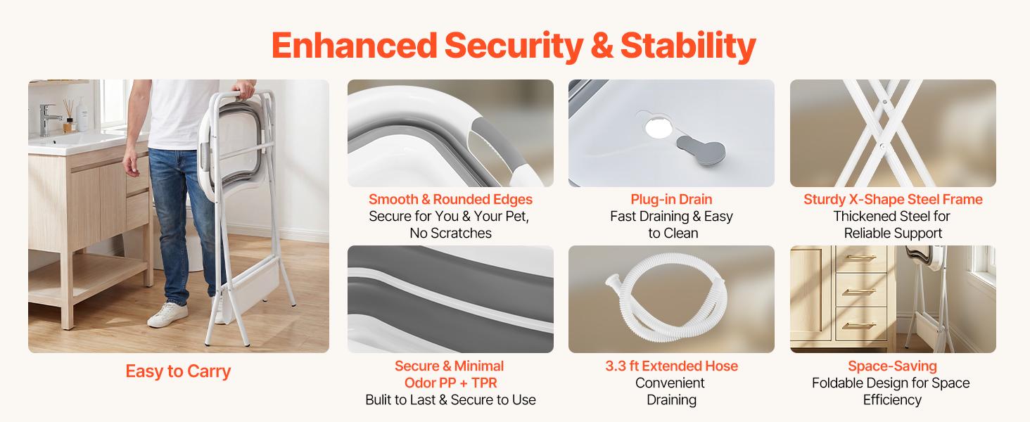 VEVOR Dog Bathtub, Elevated Dog Bath Tub, 2 in 1 Collapsible Pet Bathing Grooming Wash Station, Portable Foldable Space-saving, Built-in Drain Outlet with Drain Hose for Small Pet Cat, Gray White