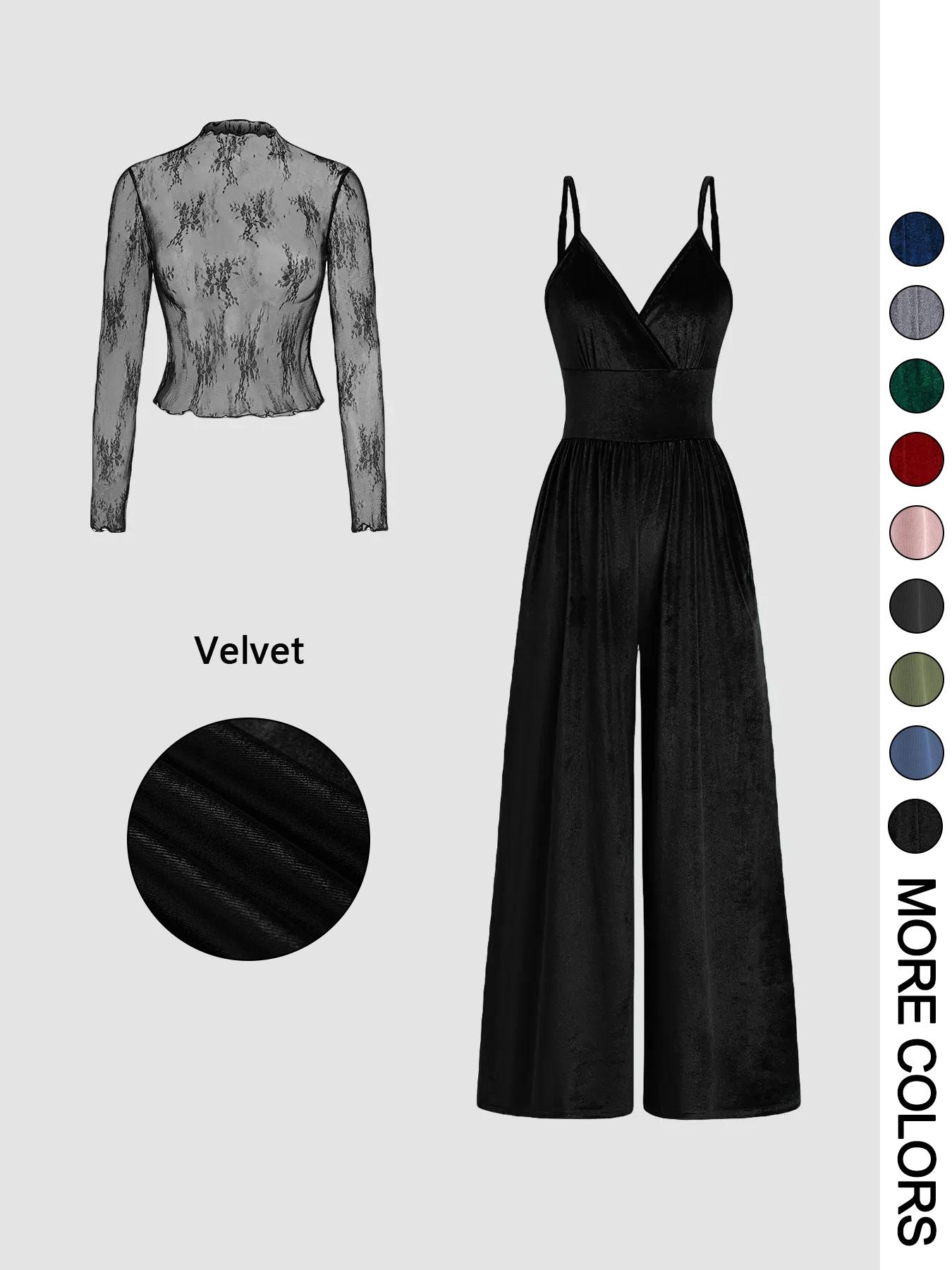 Valentine's Day Women's Solid Color Knitted Lace Tee & High Waist Pocket Jumpsuit Two-piece Set, Elegant Chic Fashion Casual Fitted Zipper Back Cami Jumpsuit & Long Sleeve Top for Daily Outdoor Wear, Women's Clothing for Spring & Fall Outfit
