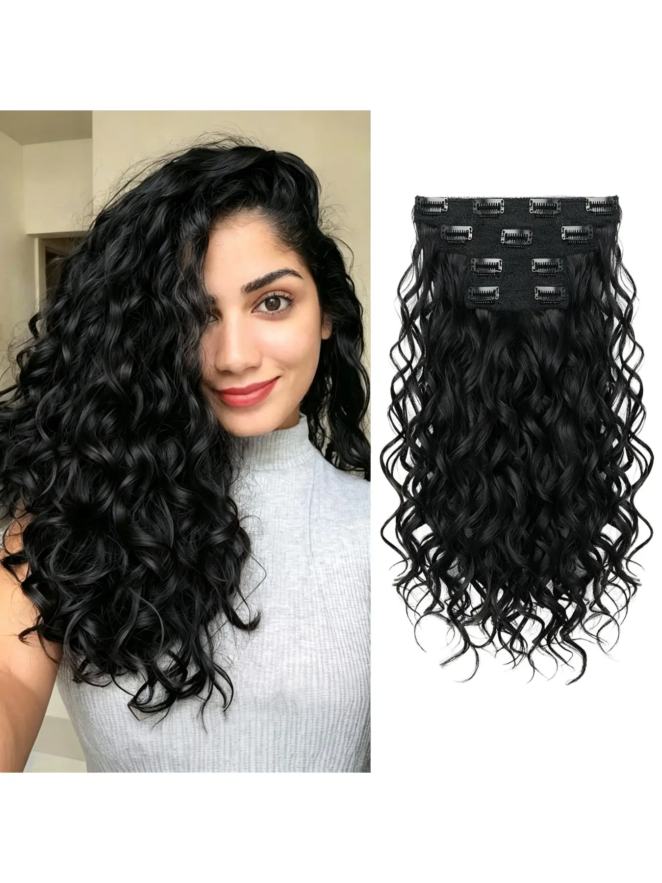 Curly Hair Extensions, 4PCS 16 inch Clip in Hair Extensions Lace Weft Short Curly Clip Ins Invisible synthetic hair for Women Synthetic Fiber Extensions