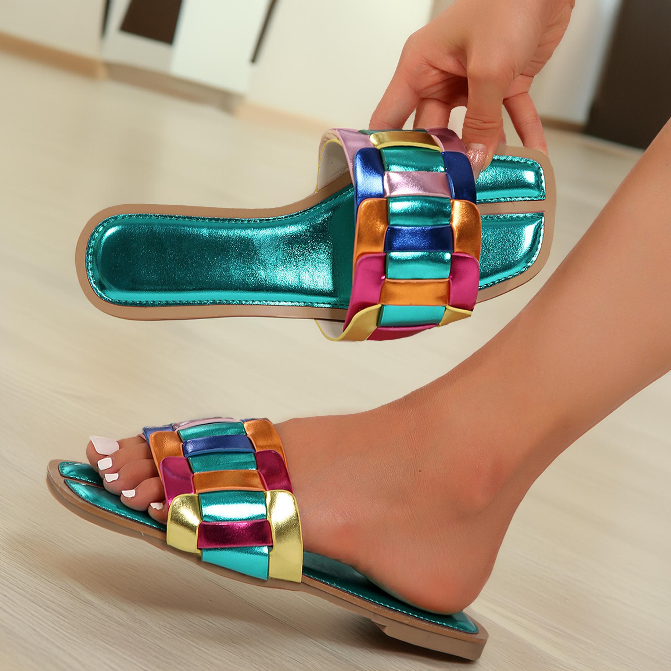 Colorblock Square Toe Sandals for Women - Open-Toed and Flat, Perfect for Summer Beach. Fashionable and Comfortable Women's Footwear.