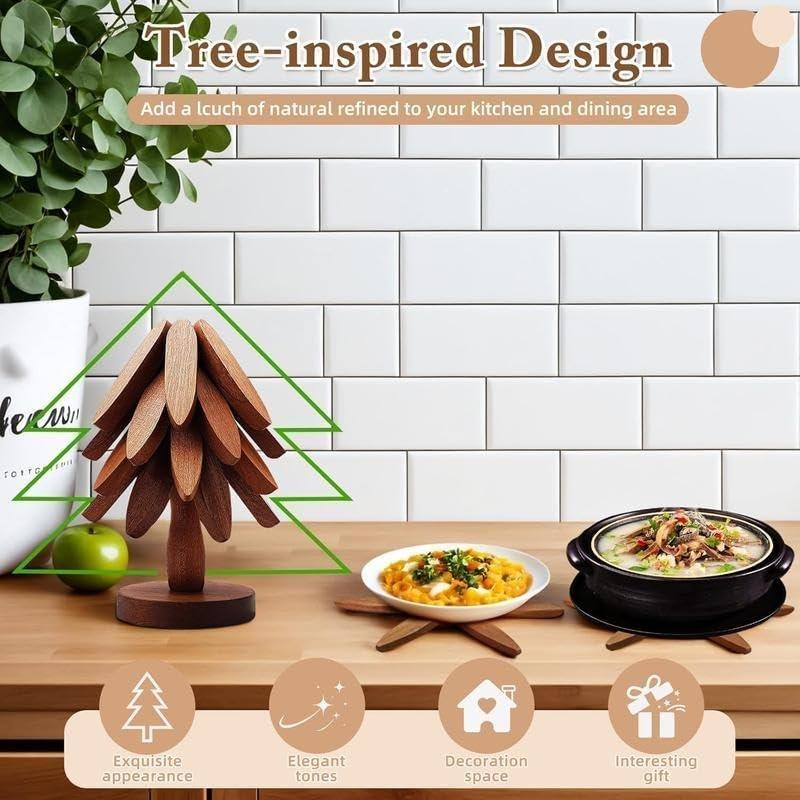 Tree-Shaped Wooden Heat Insulating Pad Set, 4 Walnut Pads + 1 Stand, Foldable Design, High-Temperature Kitchen Mat, Ideal for Hot Dishes, Pots, Bowls, Teapots