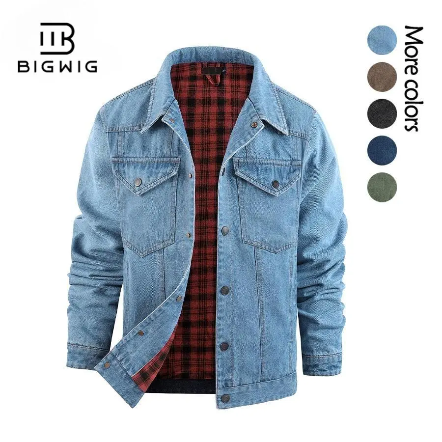 BIGWIG Men's Denim Jacket, Flannel-lined Shirt-Sleeve Button-Down Jacket, Snap-Button Denim Cut, Classic Western Slim Fit Retro Heavyweight Jacket, Trucker Jacket, Casual and Stylish Denim Jacket, with Pockets