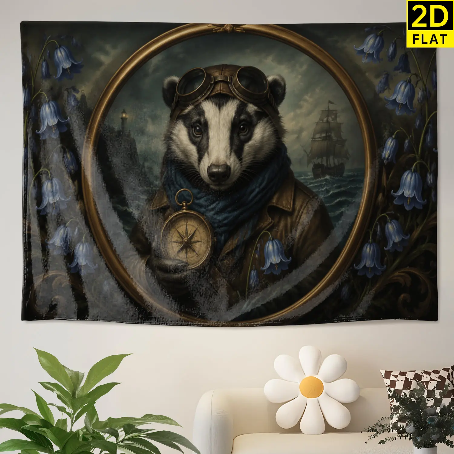Vintage Explorer Badger Nautical Compass Wall tapestry,Large size Printed Horizontal Tapestry blanket,Polyester Fabric Wall Hanging for living room,study,No Installation Required,Indoor,Outdoor,Gift for Family and Friends