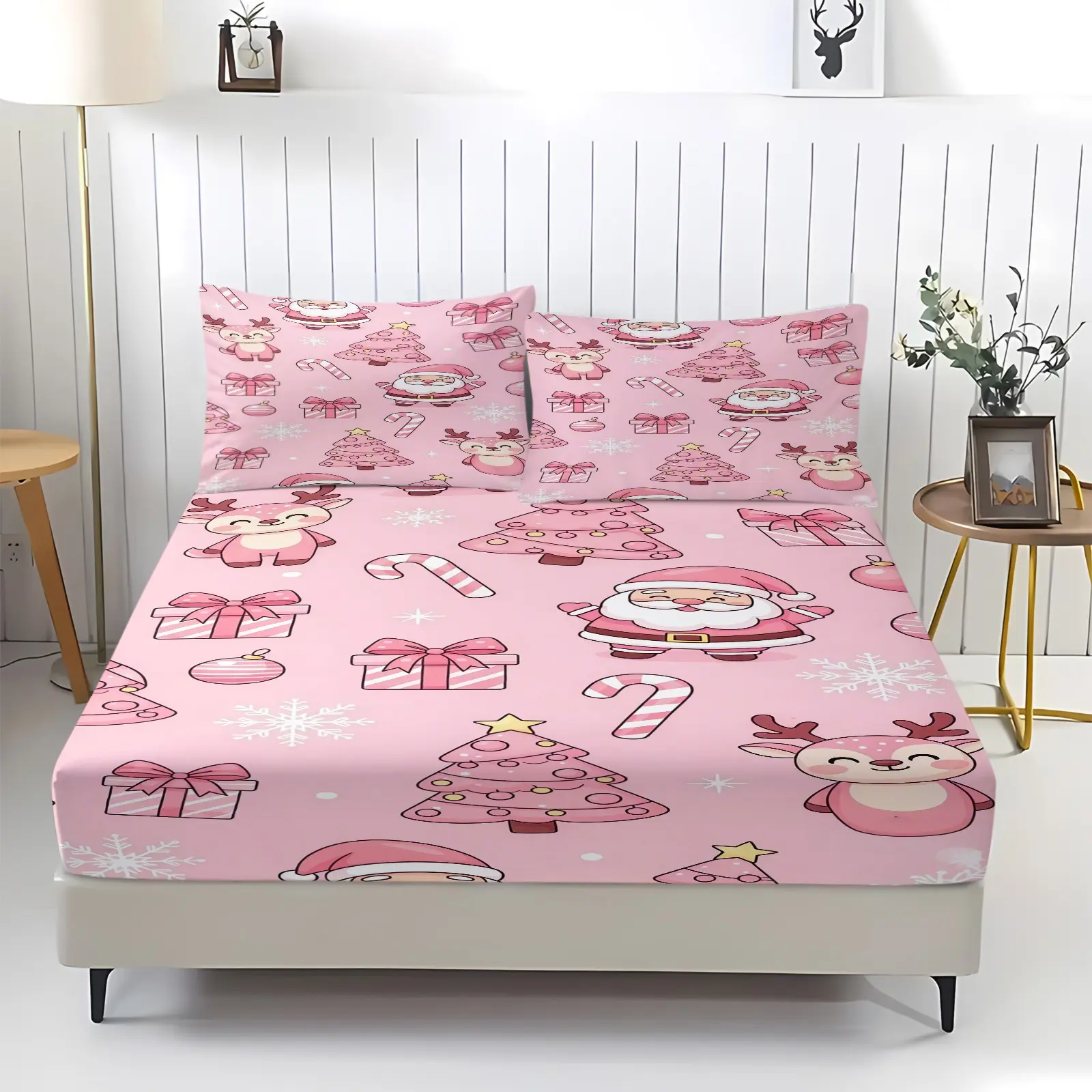 Pink Christmas print pattern bed sheet, including 1 bed sheet and 2 pillowcases, comfortable bedding, non slip dust cover suitable for bedrooms and guest rooms, suitable for children or adult gifts