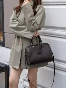 Women's Crossbody Bag, Genuine Leather First-Layer Cowhide, Boston Barrel Handheld Handbag, Large Capacity Zipper Compartment, Shopping Fashion