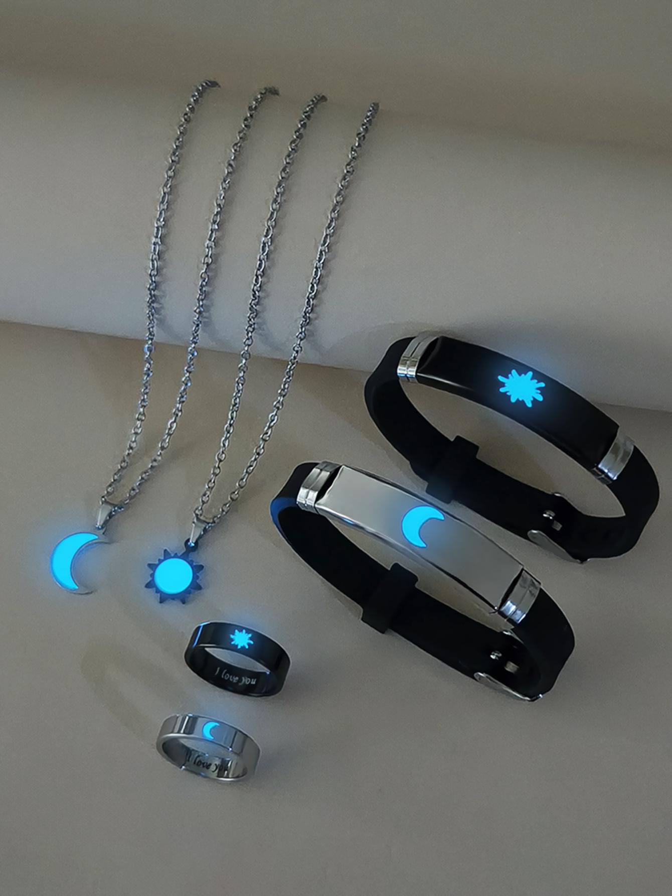 6 Piece Glow-In-The-Dark Moon & Sun Couple Necklace Bracelet Ring Couples Jewelry Set, Simple Cute Style, Perfect Gift for Valentine's Day