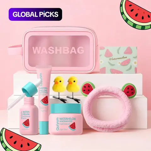 【Black Friday】Quiyum Watermelon Skincare Gift Set for Women and Girls, Moisturizing Face Care Kit with Cleanser, Toner, Serum, Eye Cream, Face Cream, Sheet Mask, Spa Headband, Hair Clips and Cosmetic Bag #GLOBAL PICKS
