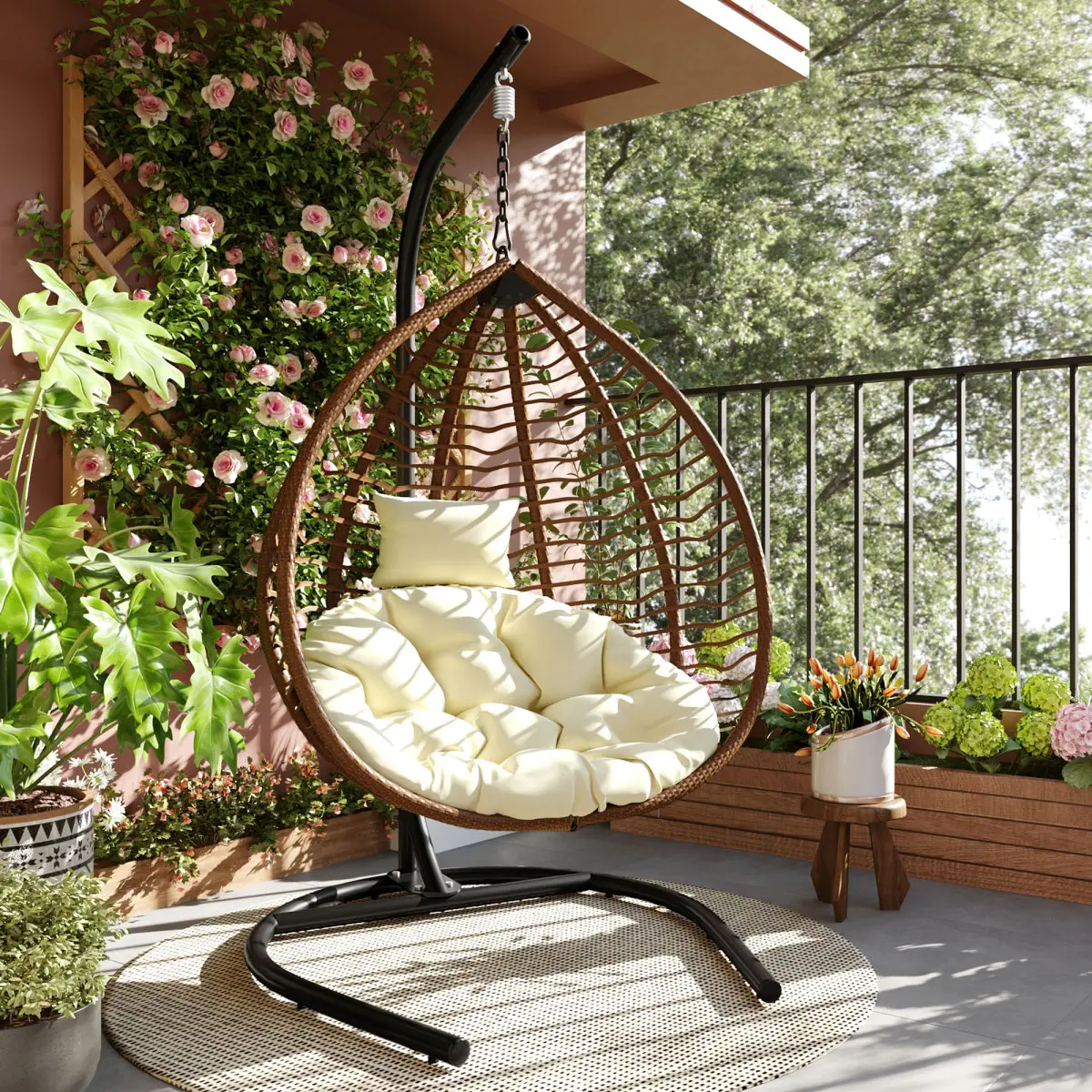 U_STYLE Foldable HDPE Wicker Egg Chair with Heavy-Duty Iron Stand, Plush Cushion & Removable Headrest, Indoor Outdoor Hanging Hammock Chair for Porch, Garden, Supports 330lbs (Leisure & Outdoor Recreation Tools)