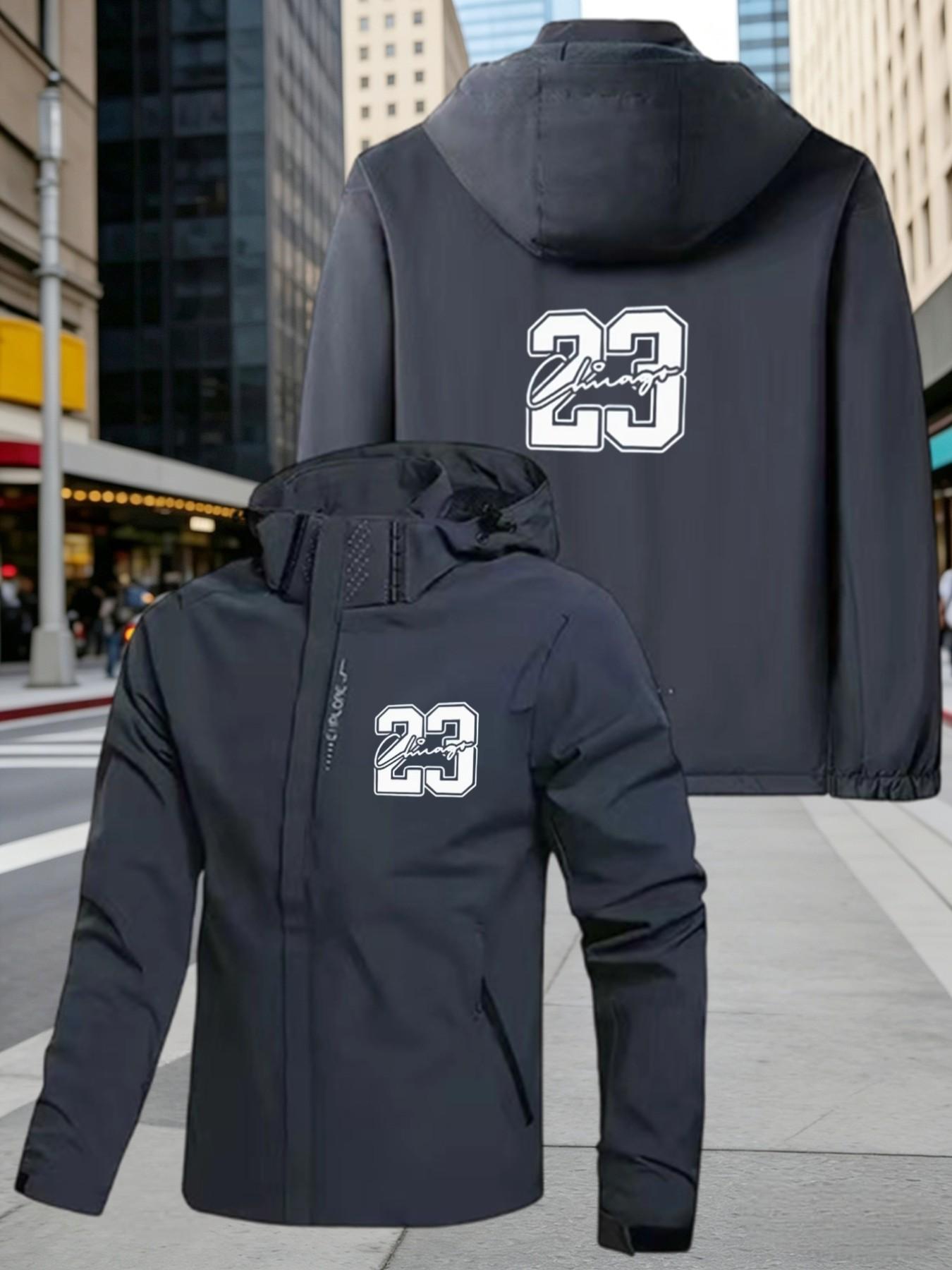 Chicago 23 Number Printed Hooded Jacket for Men, Windproof Waterproof Bomber Coat, Spring & Fall Basketball Outdoor Outerwear