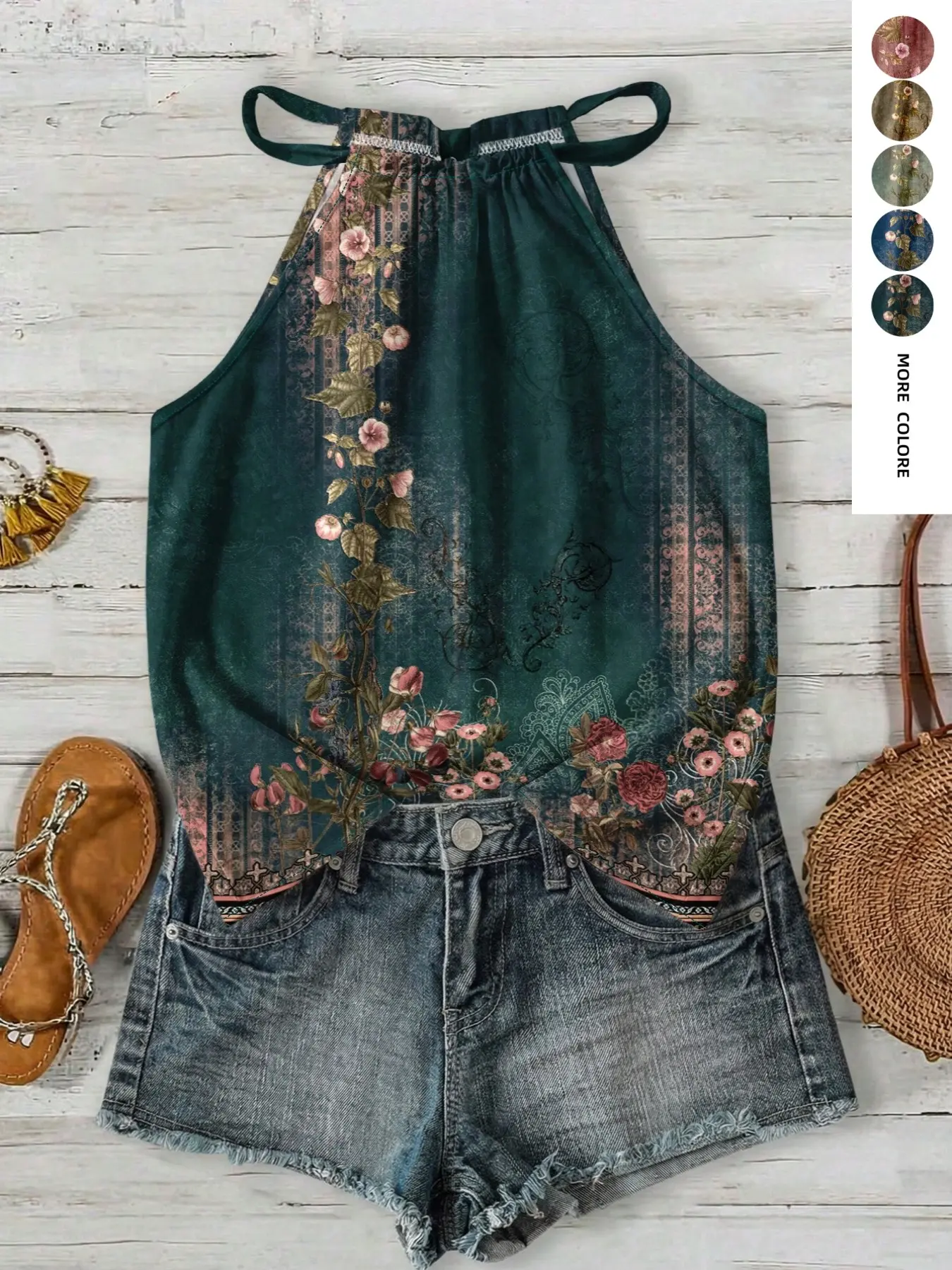 Vintage Floral Bohemian Drawstring Halter Top, Unique Design Sleeveless Top, Loose Fit to Hide Belly Bulge, Perfect for Outings and Photoshoots